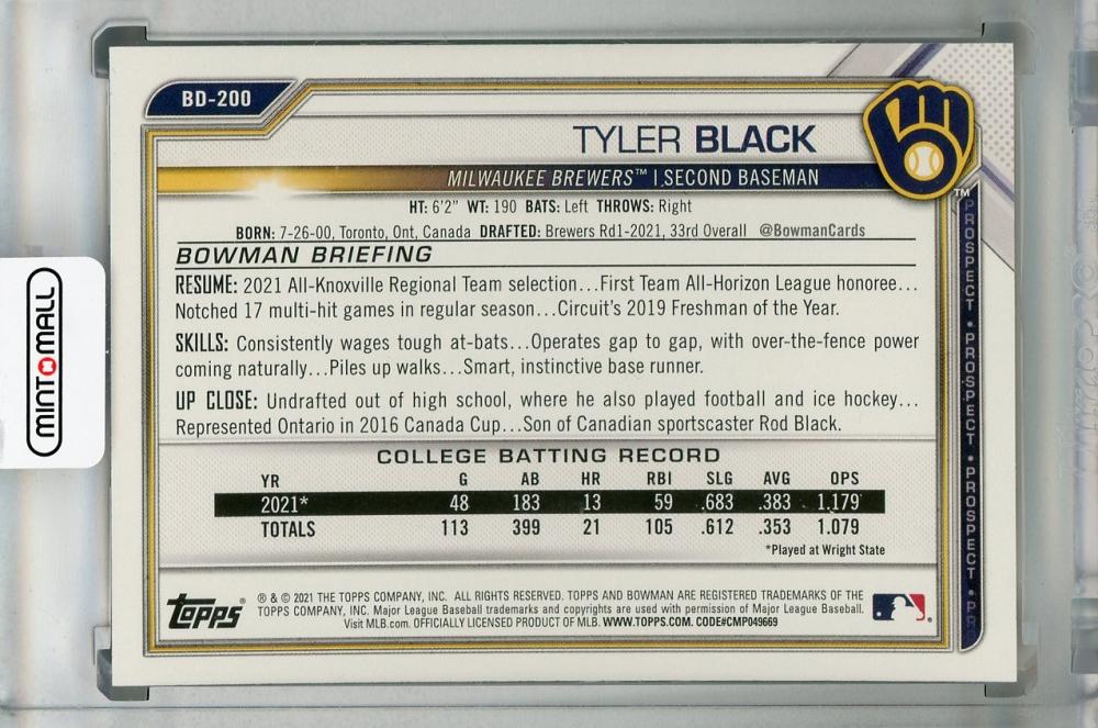 Mint Topps Bowman Draft Milwaukee Brewers Tyler