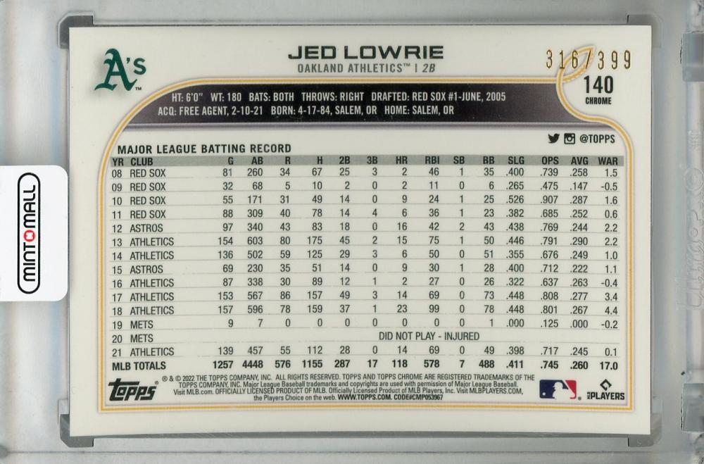 ミントモール MINT 浦和店 2022 Topps Chrome Oakland Athletics Jed Lowrie Base