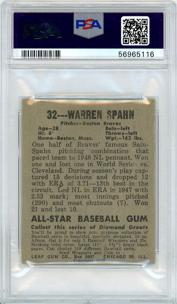 Mint Leaf Warren Spahn Psa Mc Vg Ex