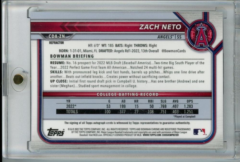 2022 Panini Prizm Draft Picks Zach Neto Brilliance Los Angeles Angels BR-ZN