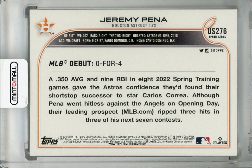 Jeremy Pena Houston Astros 2022 Topps Update # US276 Rookie Card