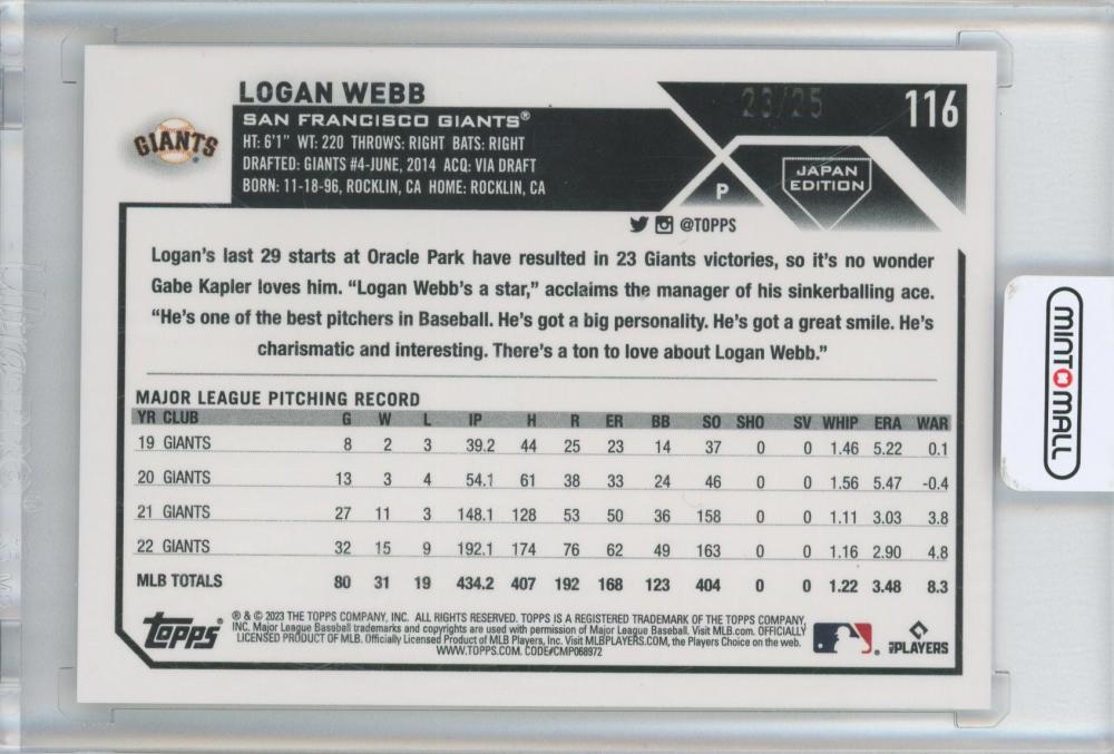 topps japan edition 2023 LOGAN WEBB 女性に人気！ - その他