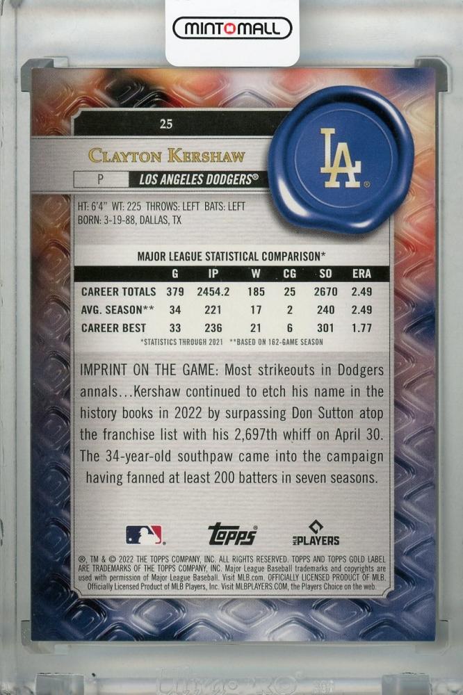  2022 TOPPS GOLD LABEL CLASS 2#25 CLAYTON KERSHAW LOS