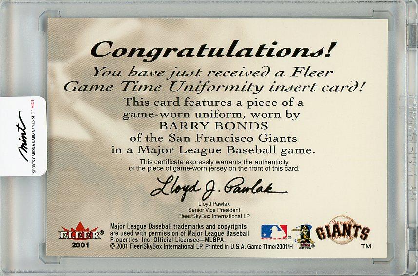 2001 Fleer Barry Bonds Game Worn Uniform Giants Uniformity - Hall