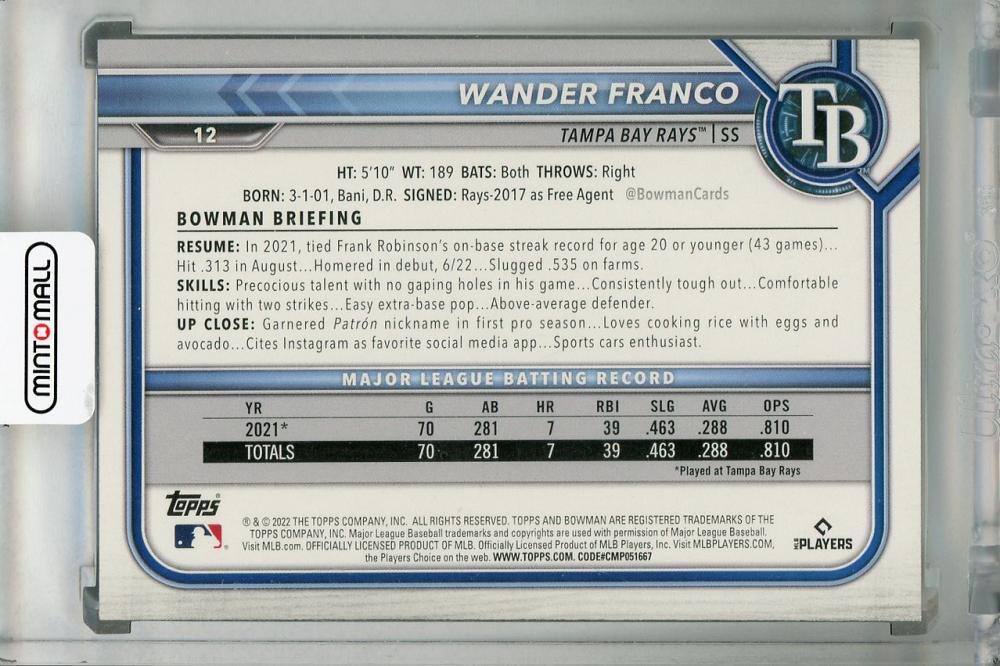 Mint Topps Bowman Tampa Bay Rays Wander Franco Base