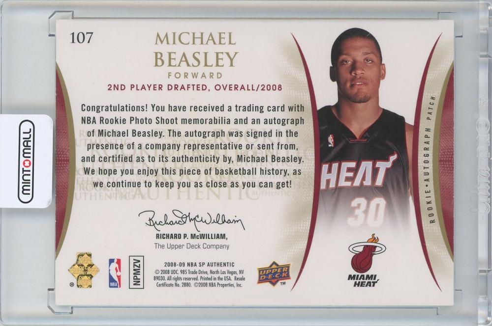 UPPER DECK NBA MICHAEL BEASLEY AUTO 2008-09 SP AUTHENTIC BASKETBALL ROOKIE CARD Autograph PATCH /299 枚限定 マイケル ビーズリー 直筆 サイン