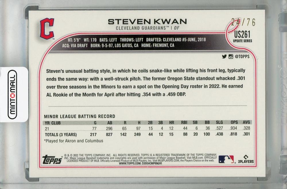 Steven Kwan 2022 Topps Update Rookie Cleveland Guardians #US261 – XFMSports