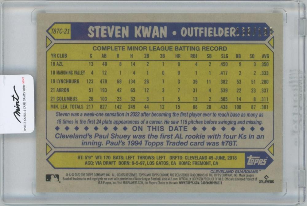 2022 Topps Silver Pack 1987 Chrome Promo #T87C21 Steven Kwan Rookie Card –  PSA MINT 9 on Goldin Auctions